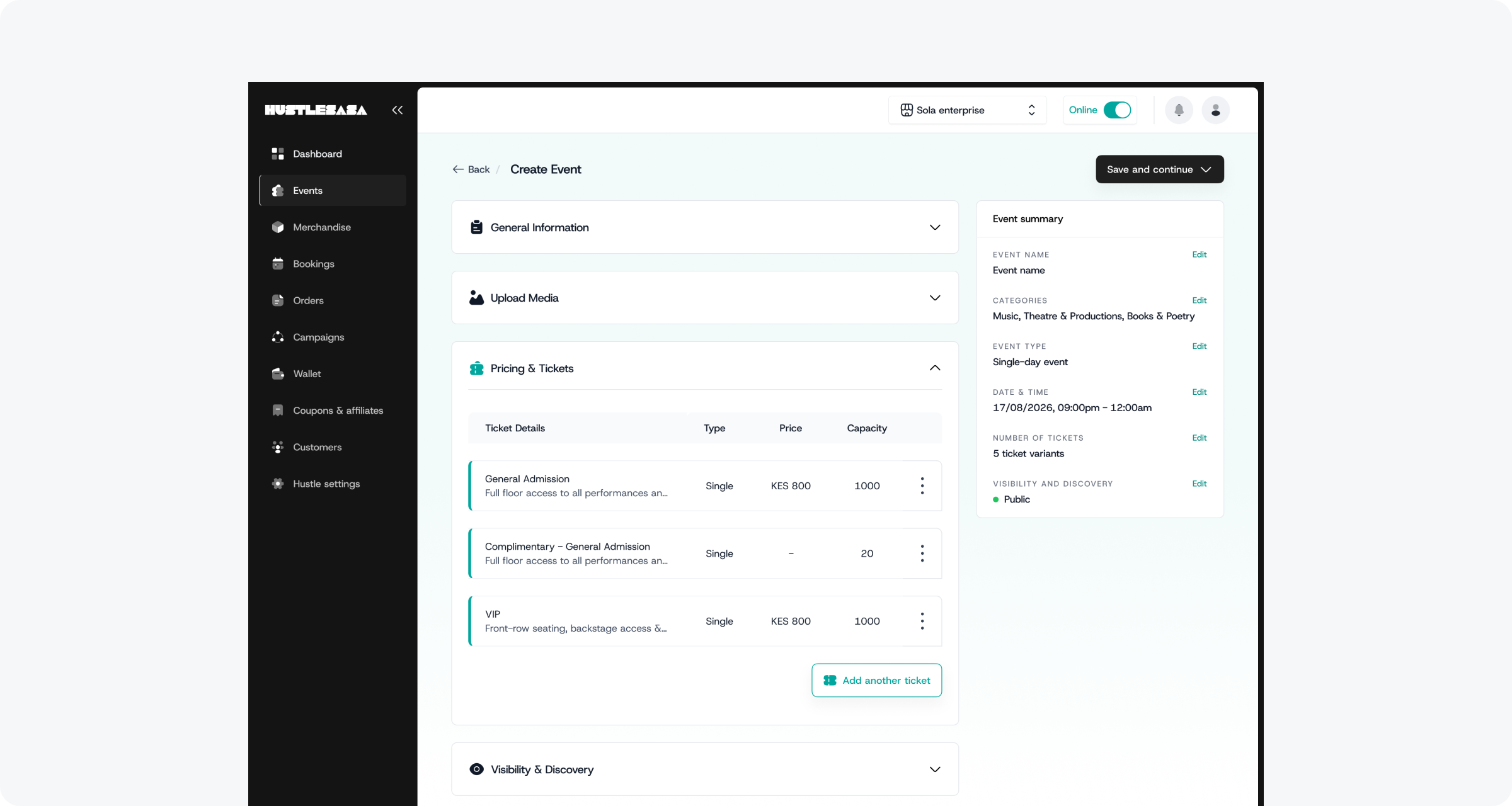 Create Event page with complimentary ticket toggle